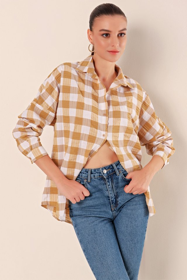 Oversize Uzun Basic Gömlek - Vizon