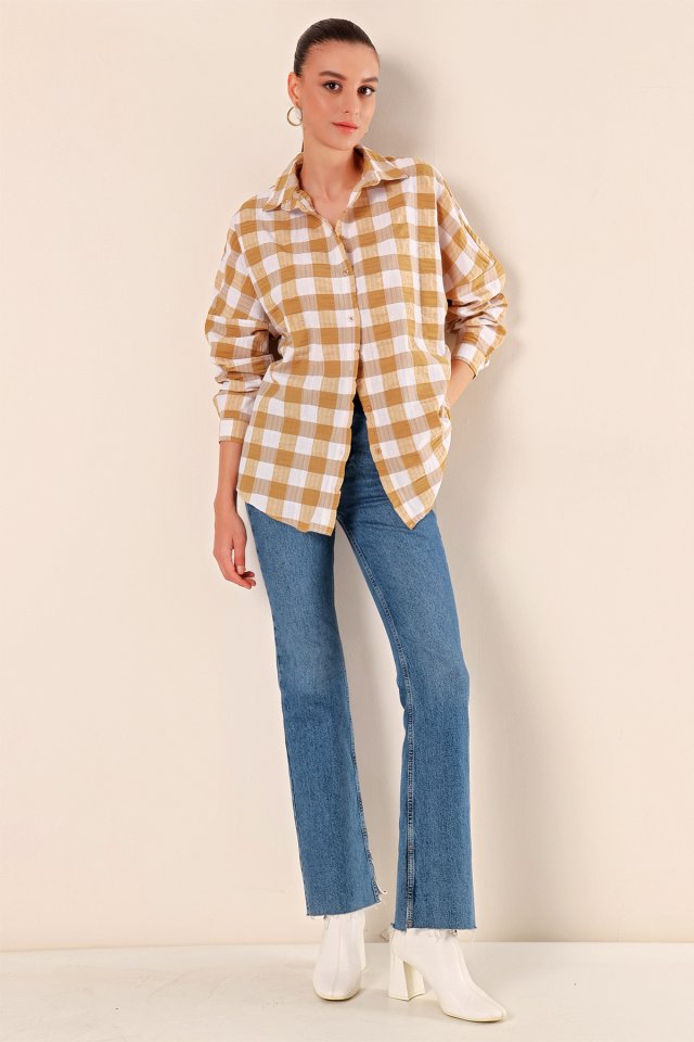 Oversize Uzun Basic Gömlek - Vizon