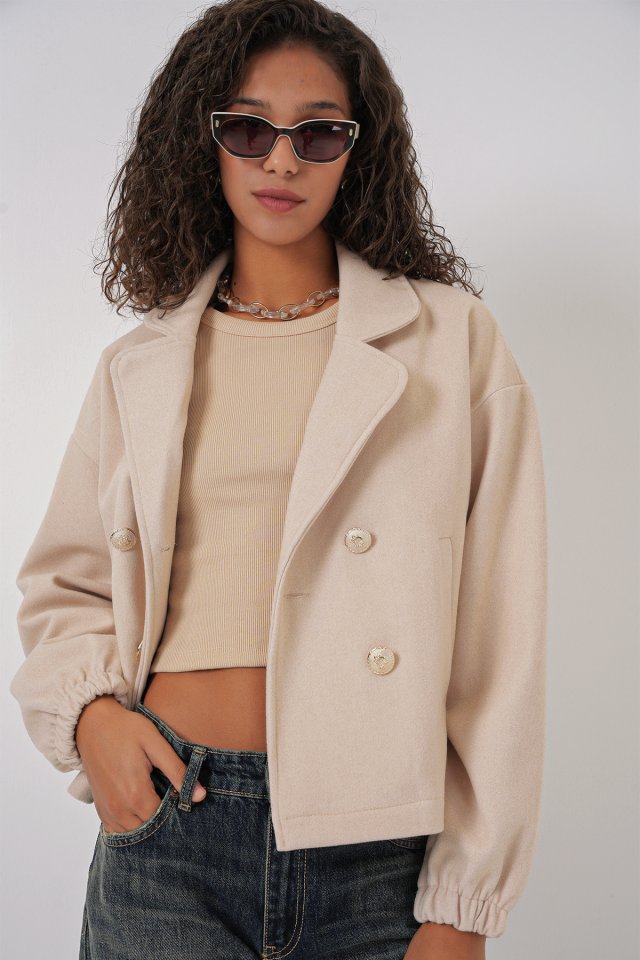 Kruvaze Yaka Crop Ceket - Bej
