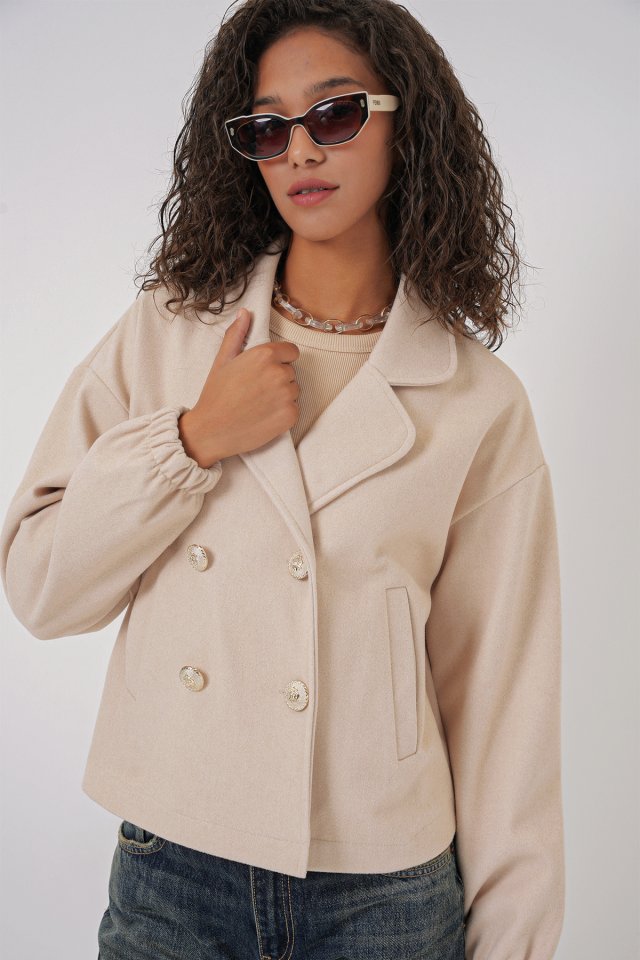 Kruvaze Yaka Crop Ceket - Bej