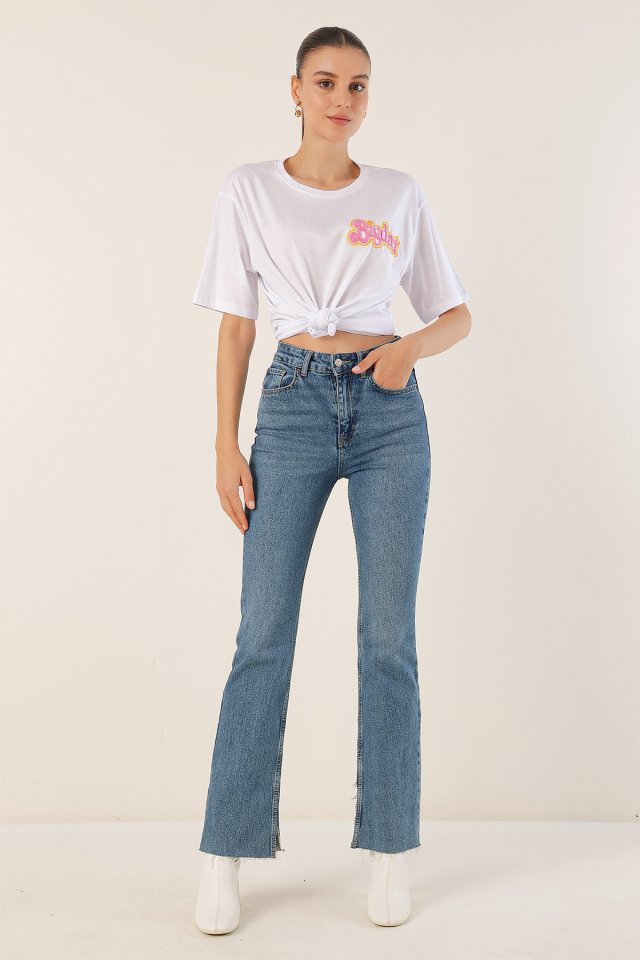 Nakışlı Oversize Tişört - Beyaz