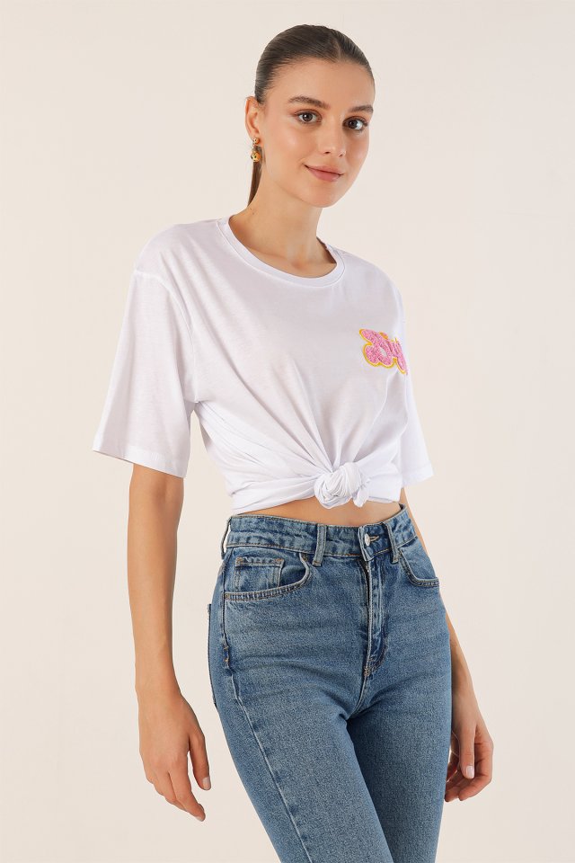 Nakışlı Oversize Tişört - Beyaz