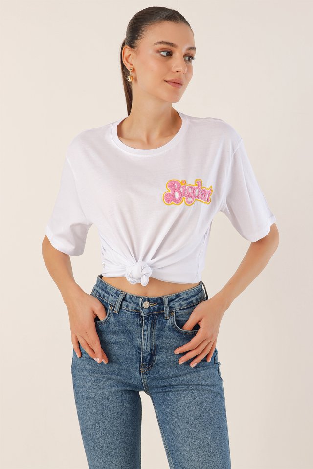 Nakışlı Oversize Tişört - Beyaz