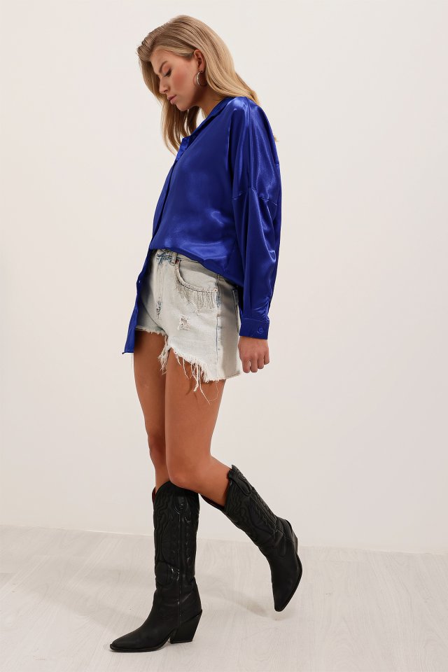 Oversize Saten Gömlek - Saks
