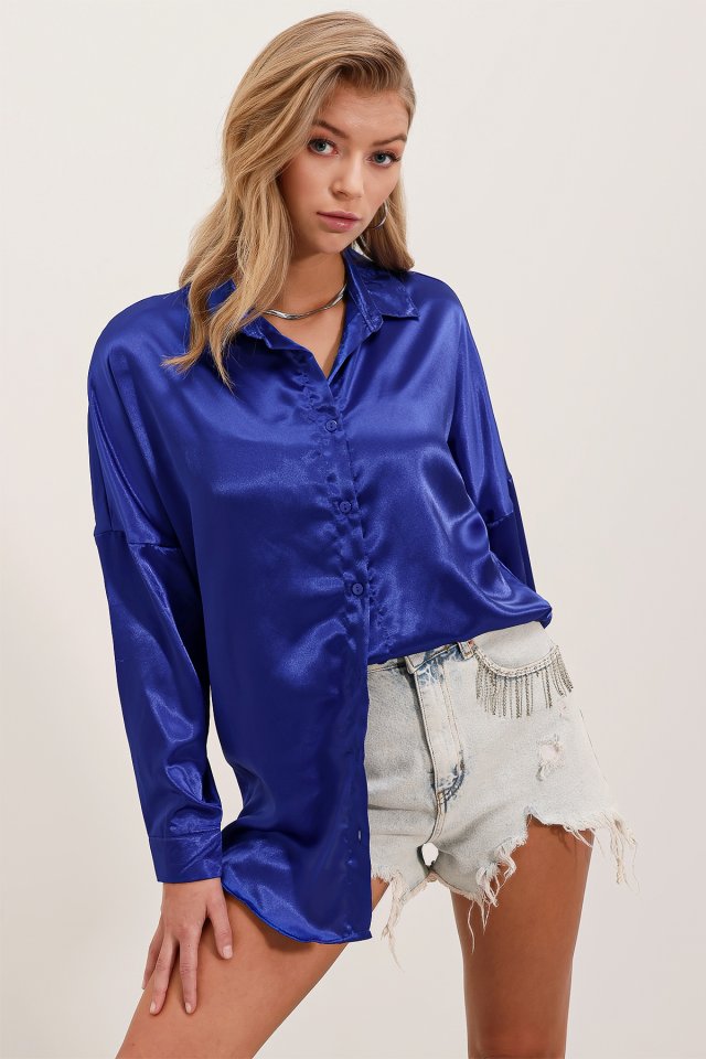 Oversize Saten Gömlek - Saks