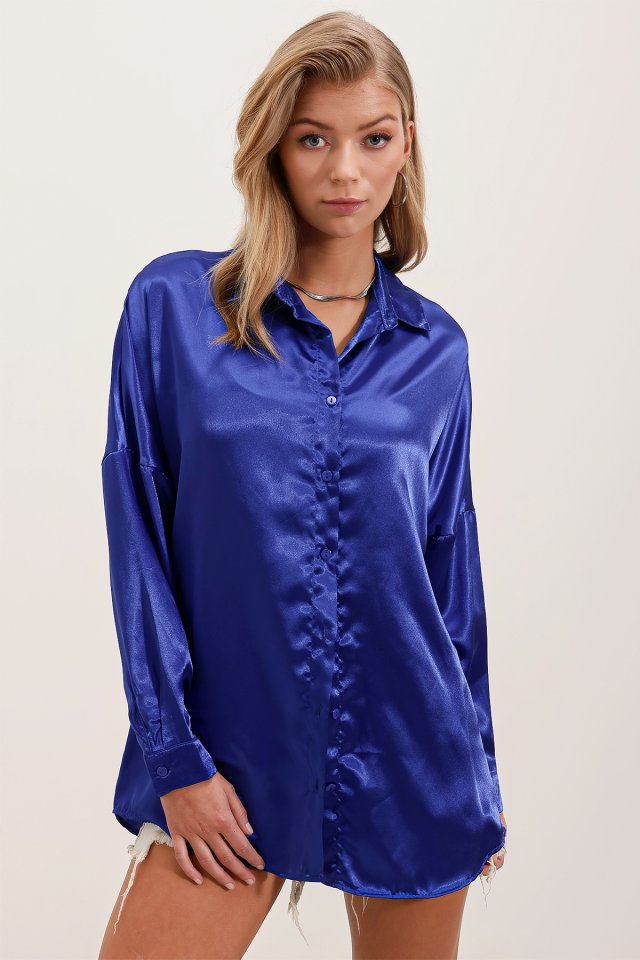 Oversize Saten Gömlek - Saks