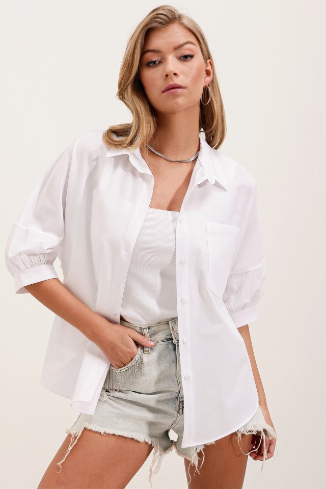Oversize Kısa Kol Basic Gömlek - Beyaz