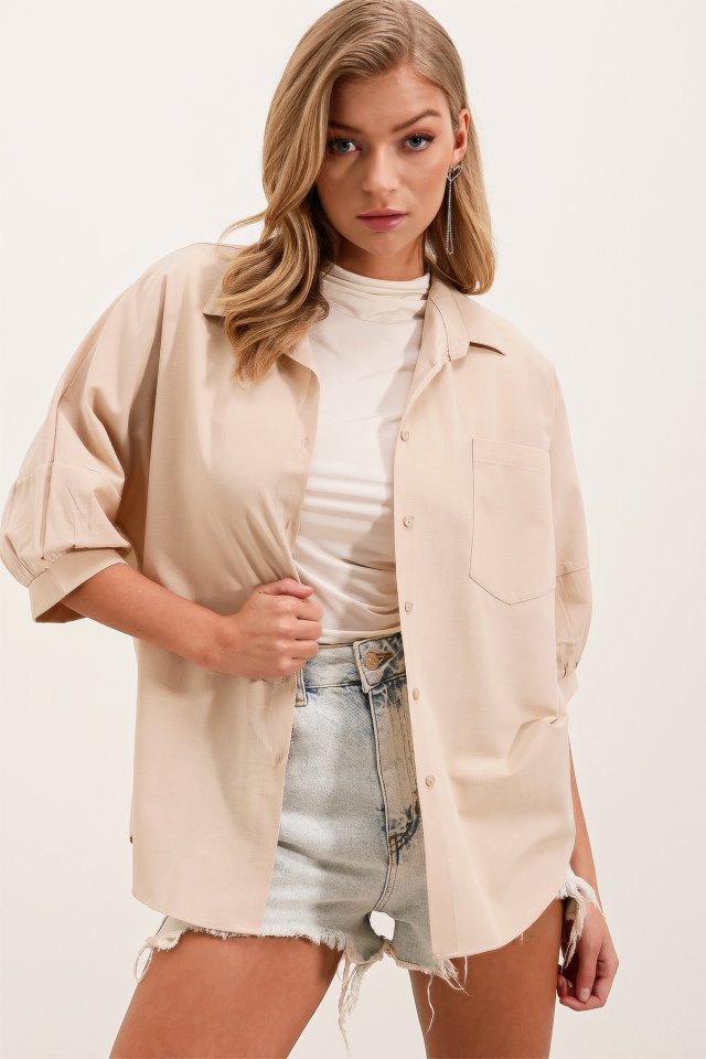 Oversize Kısa Kol Basic Gömlek - Krem