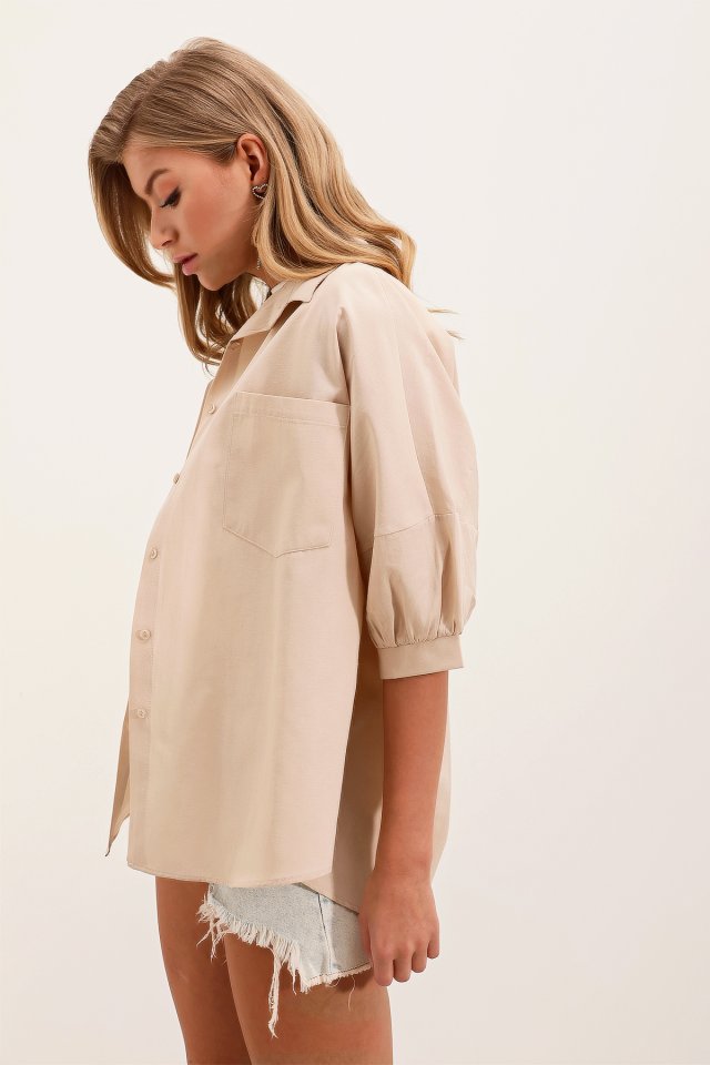 Oversize Kısa Kol Basic Gömlek - Krem