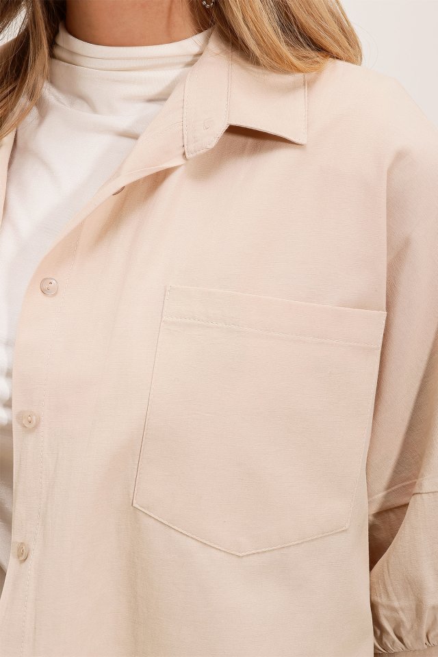 Oversize Kısa Kol Basic Gömlek - Krem
