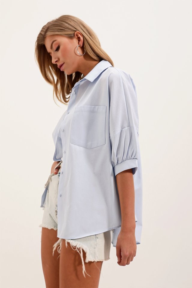 Oversize Kısa Kol Basic Gömlek - Bebe Mavi