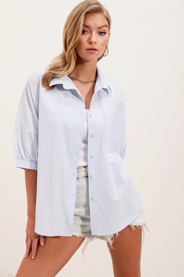 Oversize Kısa Kol Basic Gömlek - Bebe Mavi