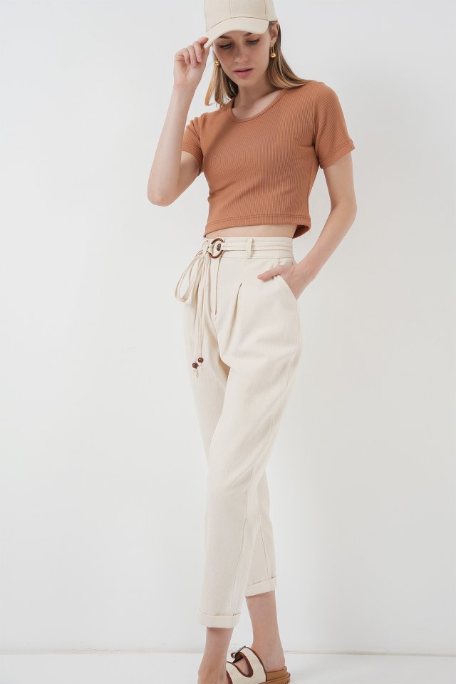 Kemerli Keten Pantolon - Krem