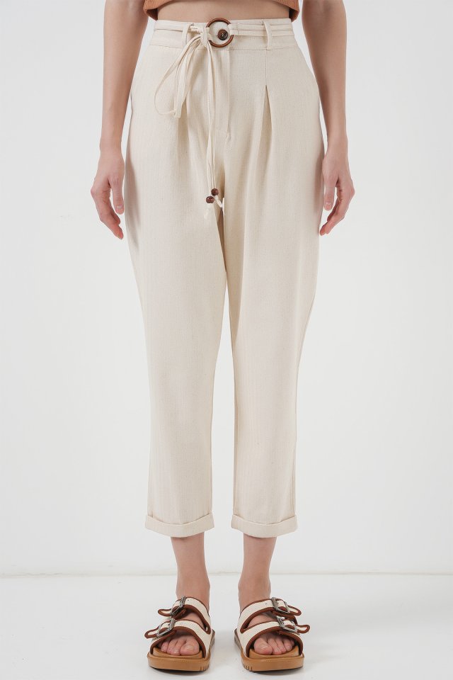 Kemerli Keten Pantolon - Krem
