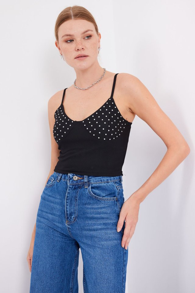 İp Askılı Crop Top - Siyah