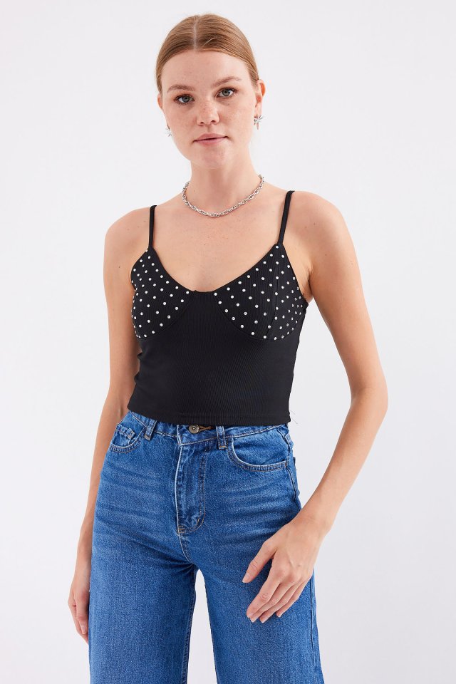 İp Askılı Crop Top - Siyah