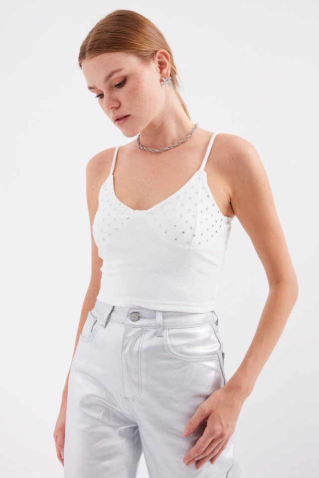 İp Askılı Crop Top - Beyaz