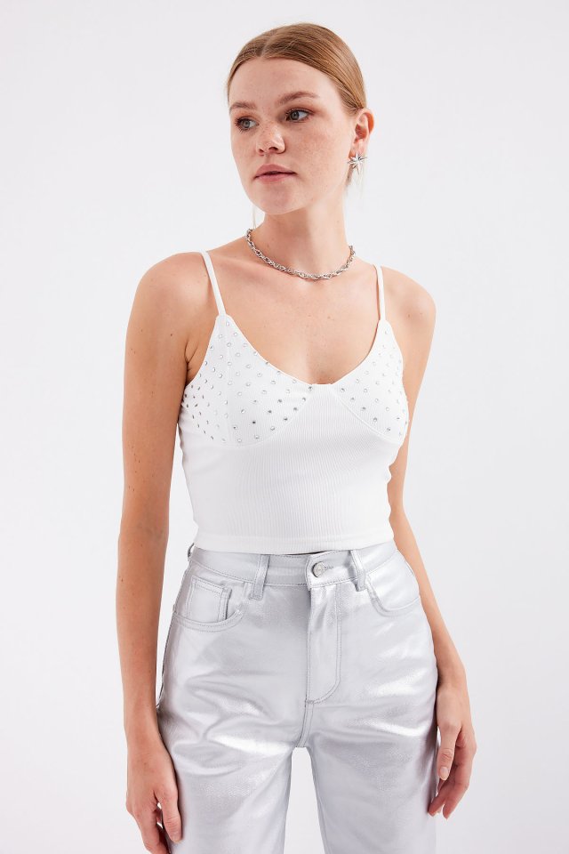 İp Askılı Crop Top - Beyaz