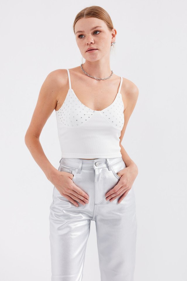 İp Askılı Crop Top - Beyaz