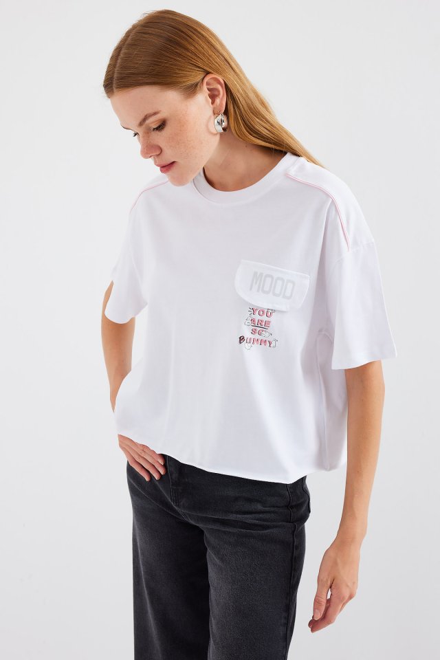 Cep Detaylı Oversize Tişört - Beyaz