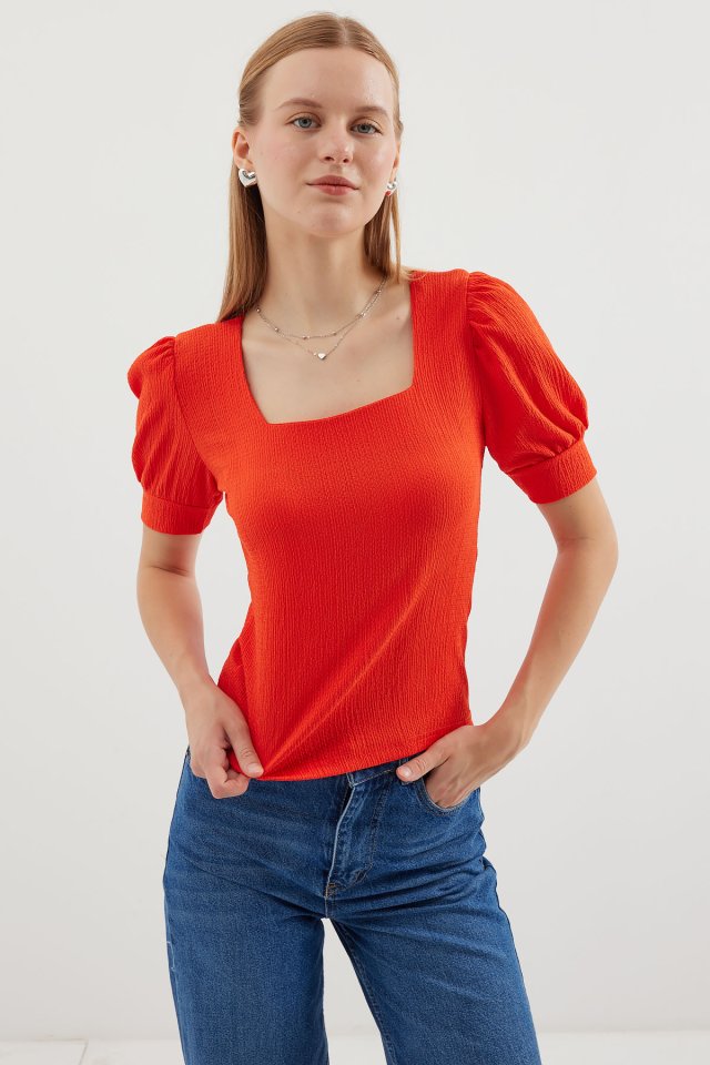 Kare Yaka Örme Bluz - Oranje