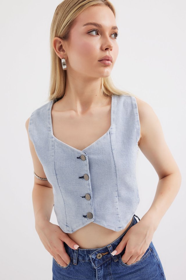 Crop Kot Yelek - Mavi