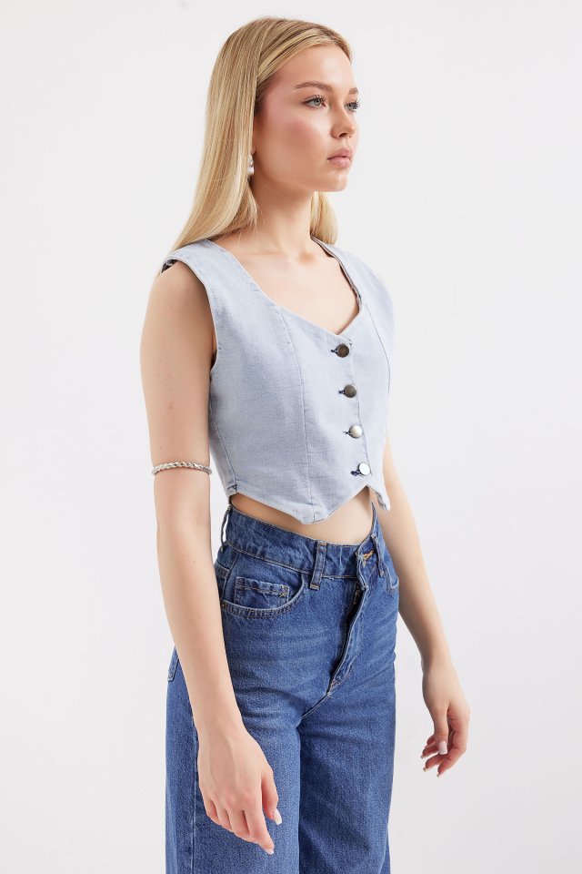 Crop Kot Yelek - Mavi