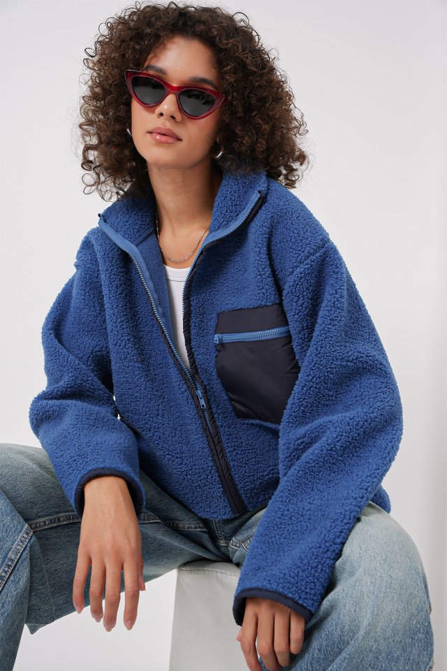 Fermuarlı Oversize Peluş Ceket - Saks