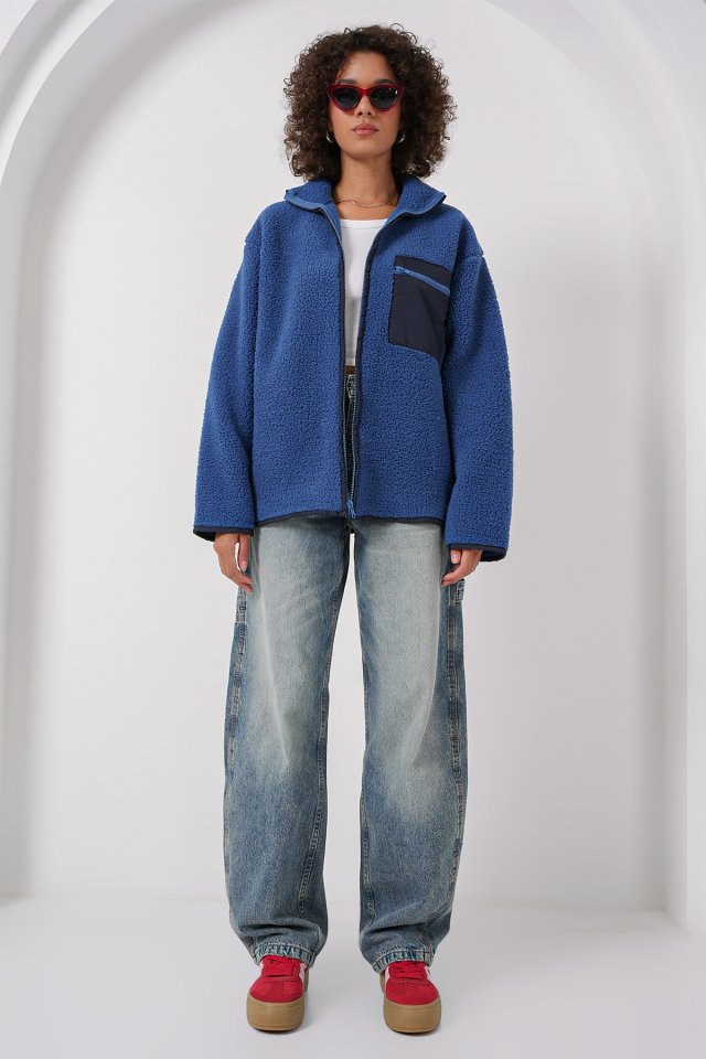 Fermuarlı Oversize Peluş Ceket - Saks