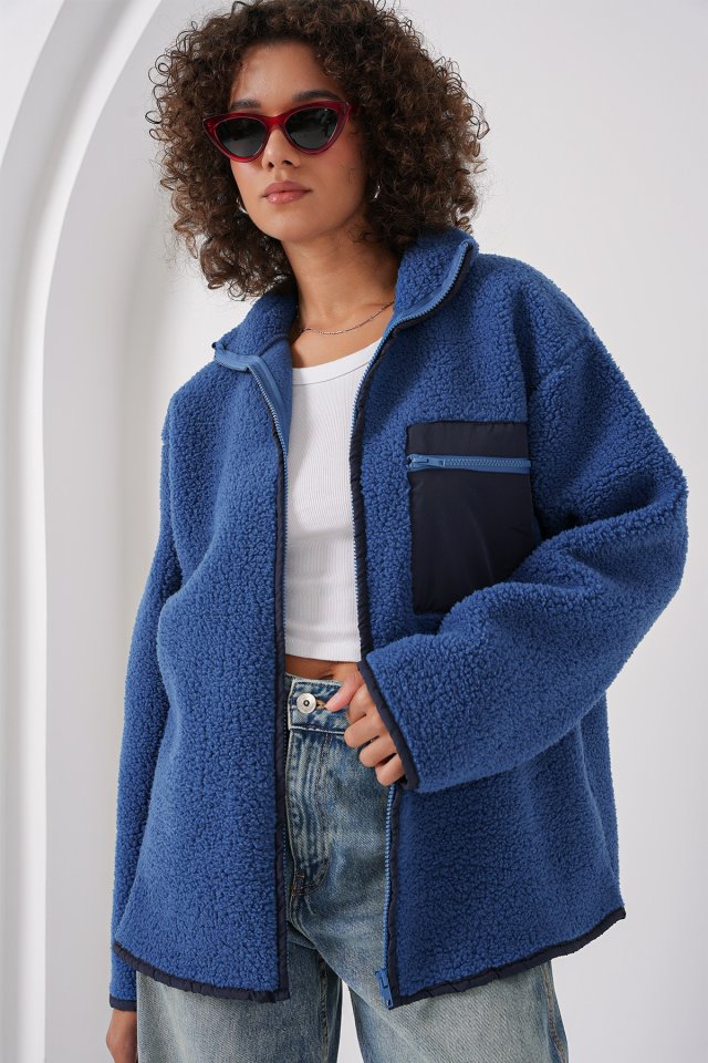 Fermuarlı Oversize Peluş Ceket - Saks