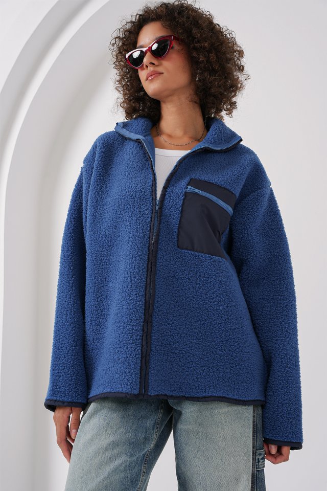 Fermuarlı Oversize Peluş Ceket - Saks