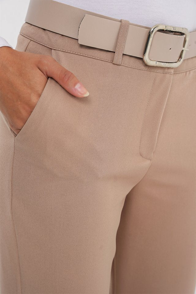 Kemerli İspanyol Paça Pantolon - Bej