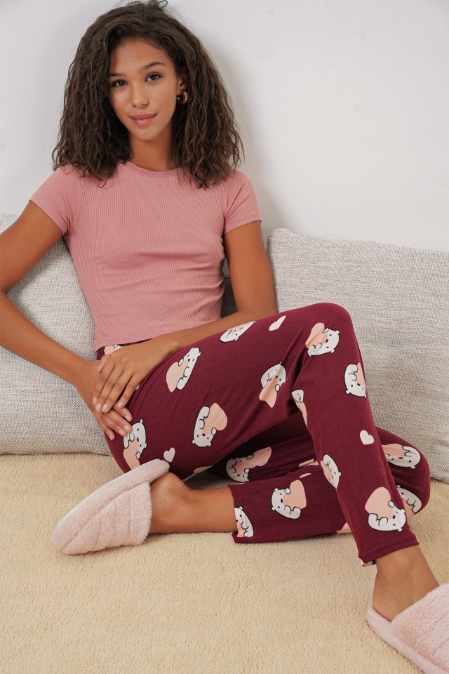 Desenli Pijama Altı - Bordo