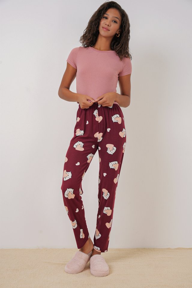 Desenli Pijama Altı - Bordo