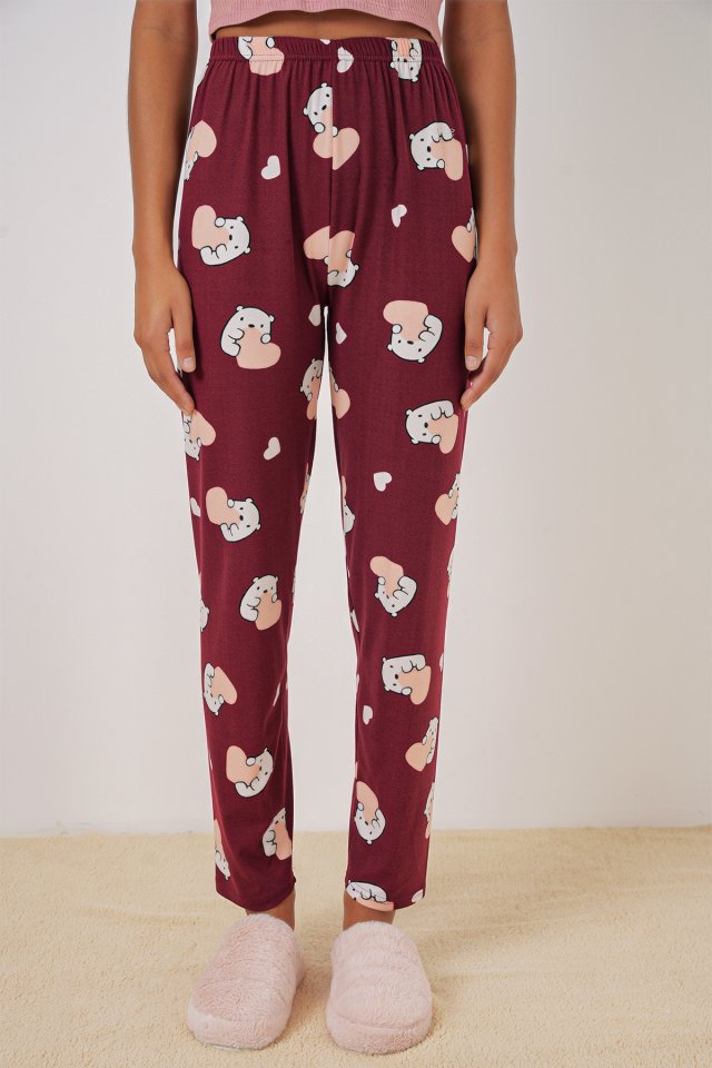 Desenli Pijama Altı - Bordo