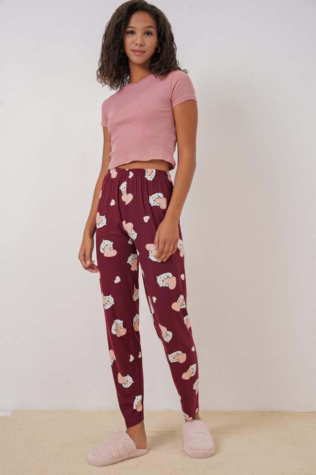 Desenli Pijama Altı - Bordo