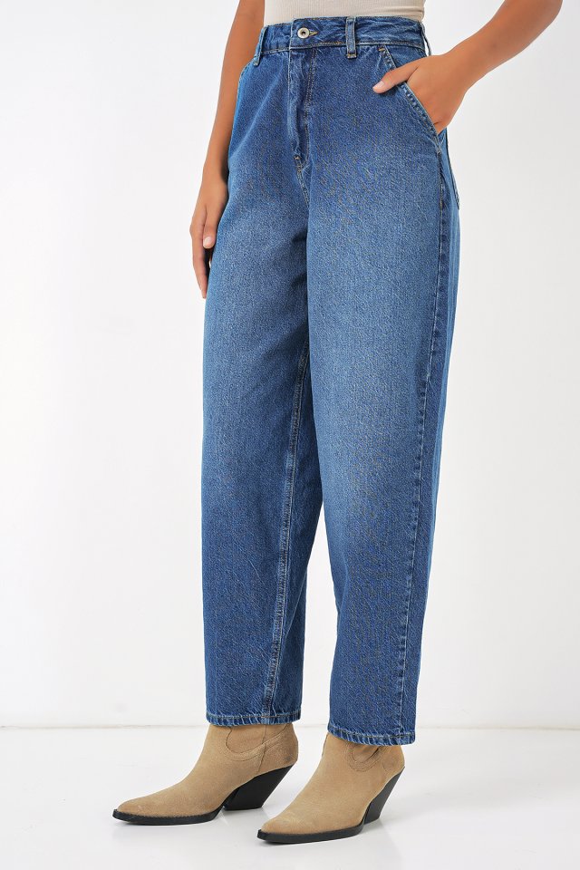 Yüksek Bel Baggy Kot Pantolon - Lacivert