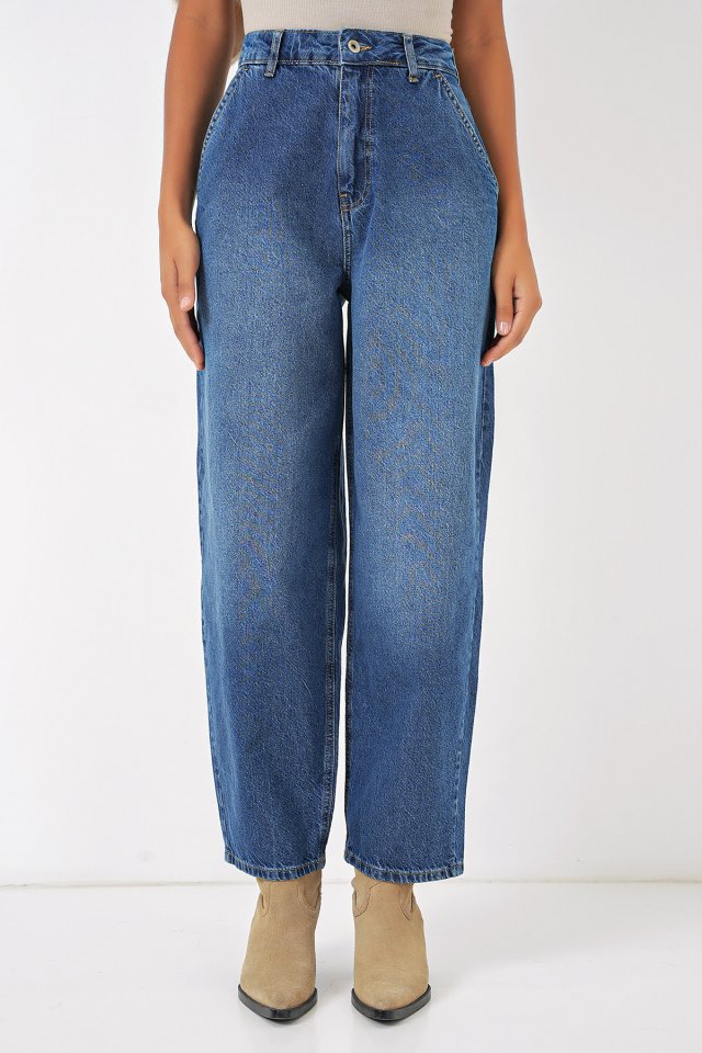 Yüksek Bel Baggy Kot Pantolon - Lacivert