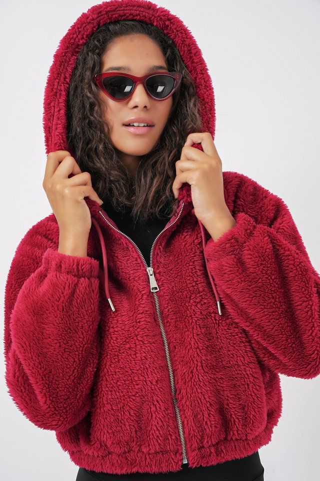 Kapüşonlu Peluş Crop Ceket - Bordo