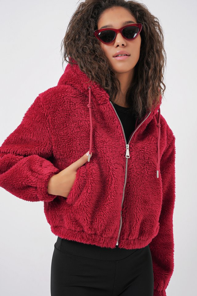 Kapüşonlu Peluş Crop Ceket - Bordo