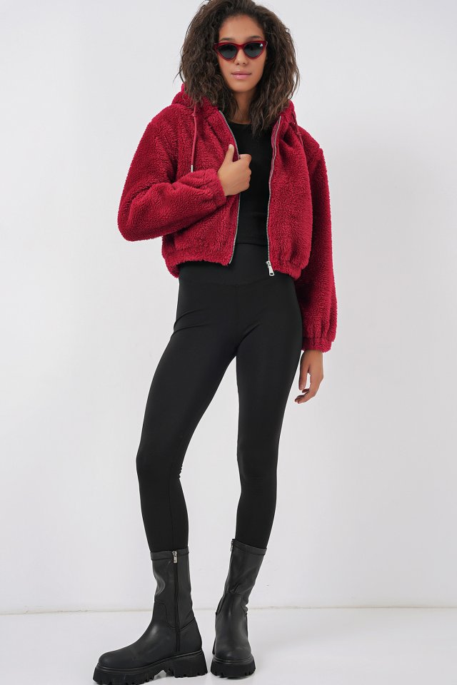 Kapüşonlu Peluş Crop Ceket - Bordo
