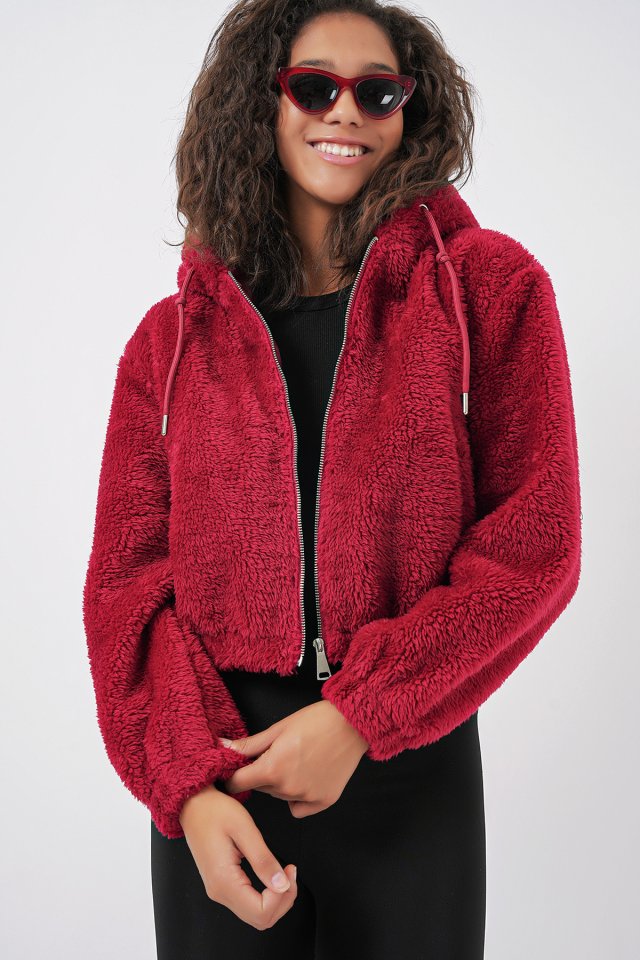 Kapüşonlu Peluş Crop Ceket - Bordo