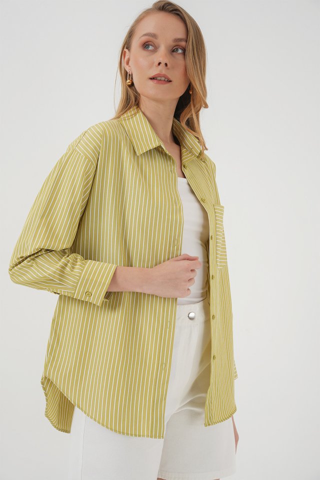 Çizgili Oversize Gömlek - Yağ Yeşil