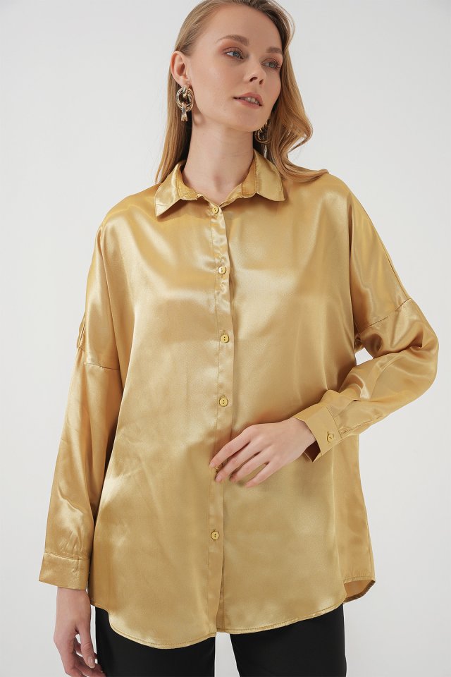 Oversize Saten Gömlek - Altın Sarısı