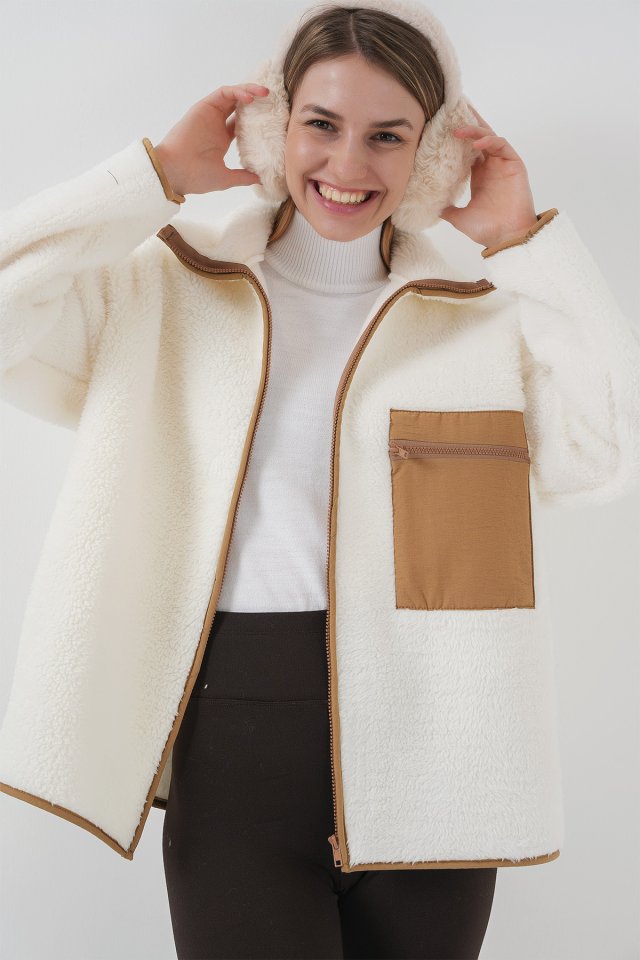 Fermuarlı Oversize Peluş Ceket Mont - Camel