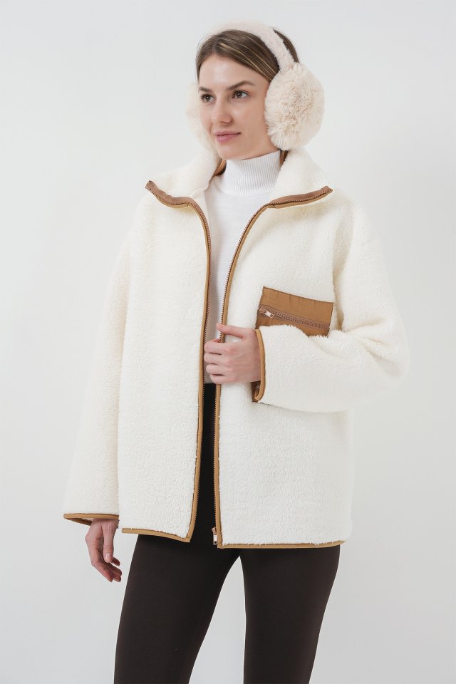 Fermuarlı Oversize Peluş Ceket Mont - Camel