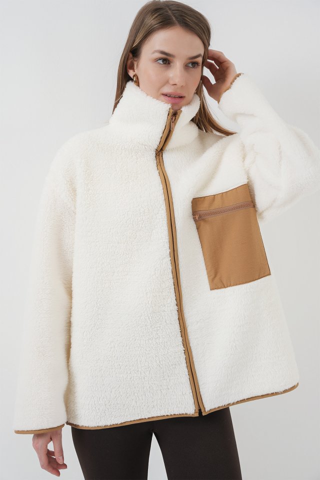 Fermuarlı Oversize Peluş Ceket Mont - Camel