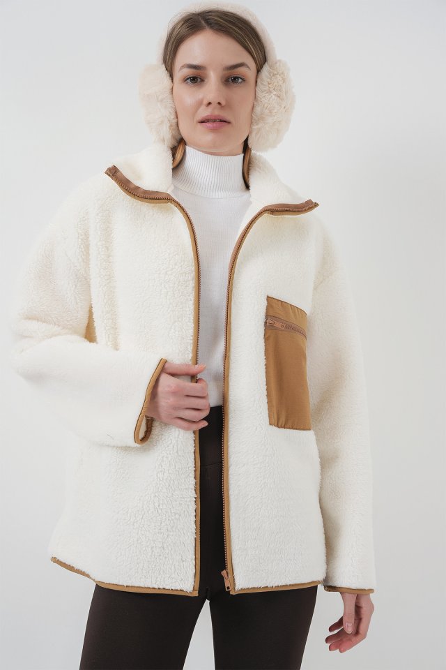 Fermuarlı Oversize Peluş Ceket Mont - Camel