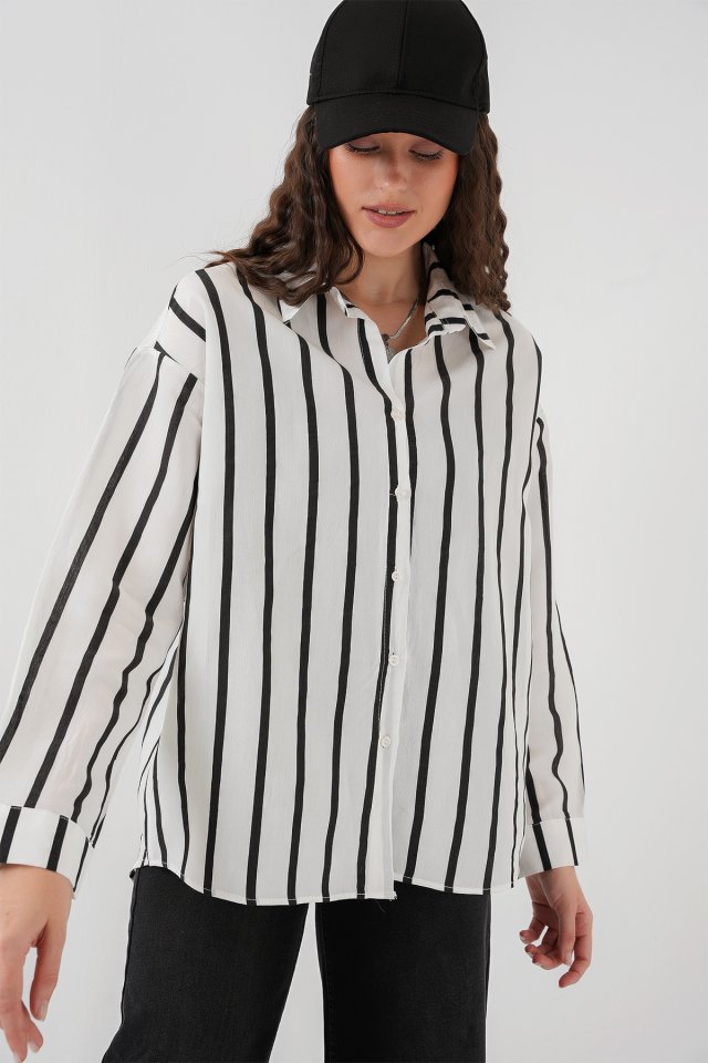 Çizgili Oversize Basic Gömlek - Siyah - Beyaz