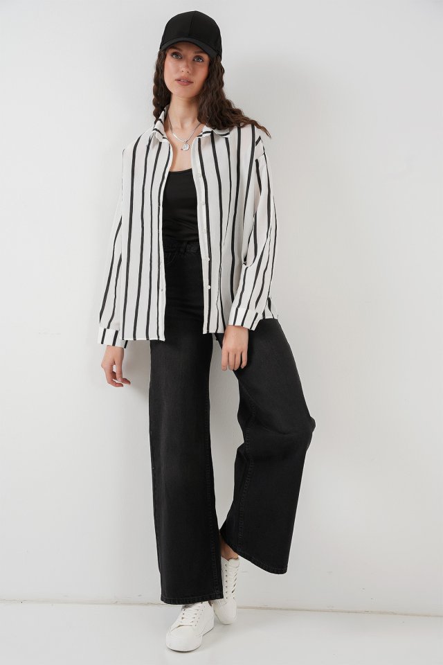 Çizgili Oversize Basic Gömlek - Siyah - Beyaz